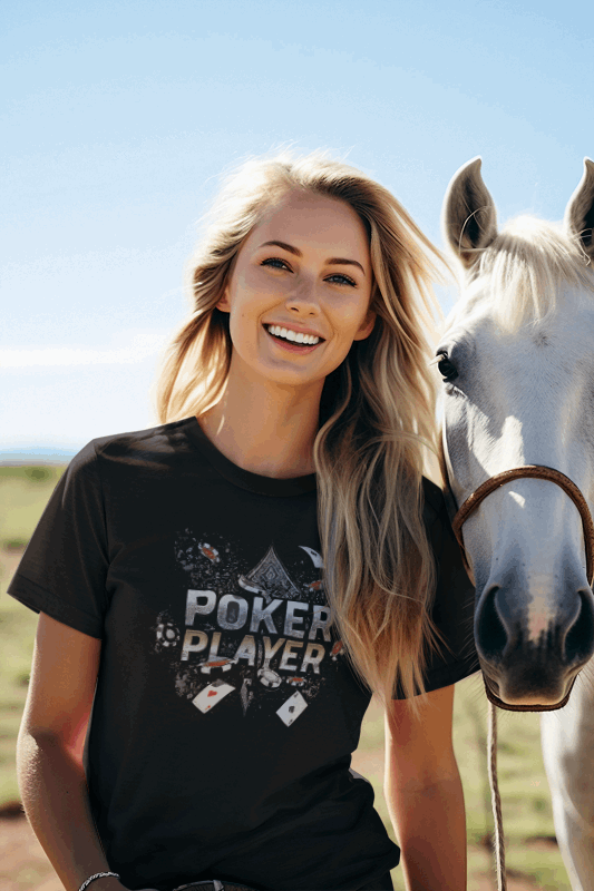 "Poker Player" t-shirt. This comfortable tee is perfect for a night at the casino, a friendly home game, or just showing off your love for the game. Made from high-quality, soft fabric, this t-shirt is a must-have for any poker enthusiast.  Available in a variety of sizes and colors, you're sure to find the perfect fit.  So shuffle up and deal yourself in with the "Poker Player" t-shirt!